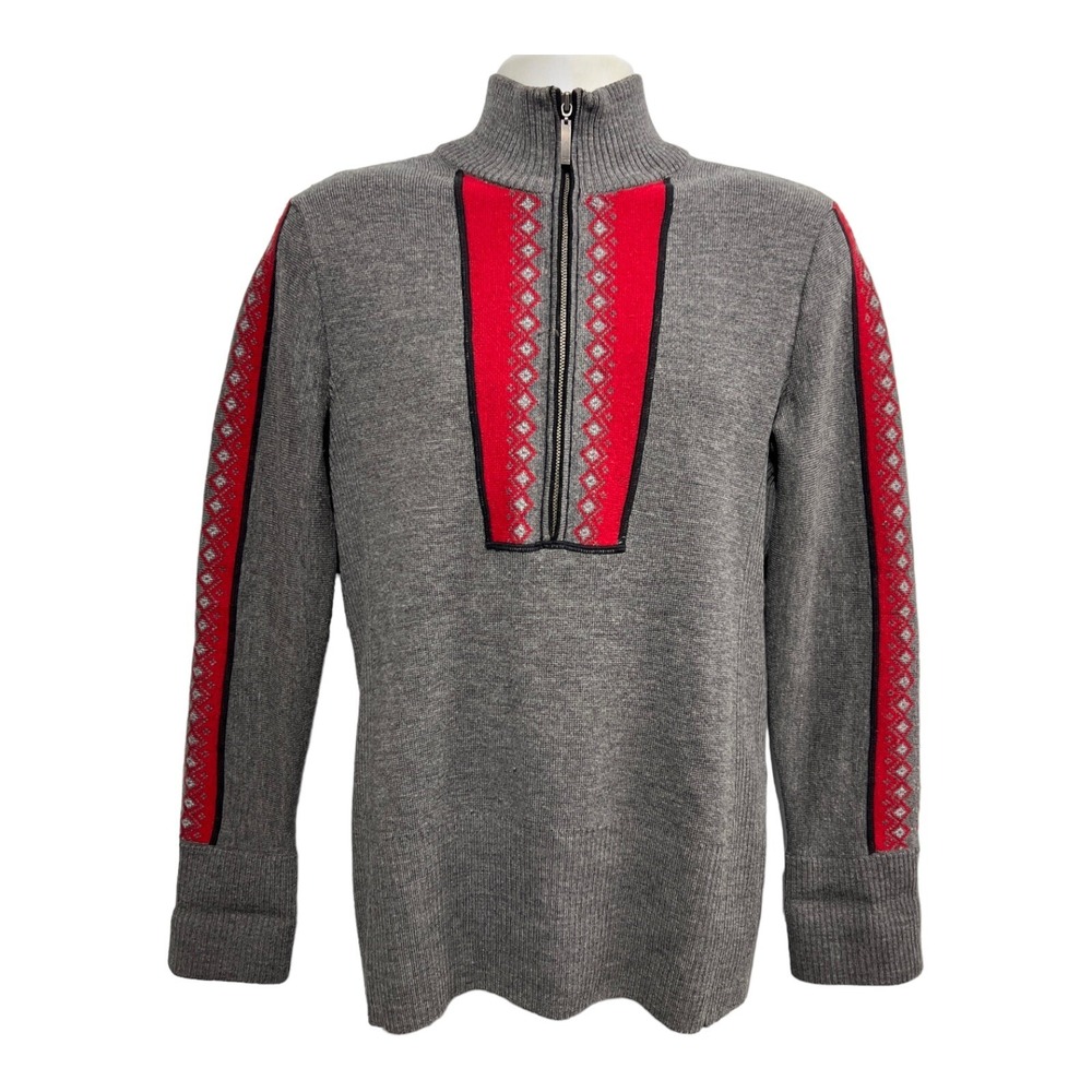 Eddie Bauer Wool Sweater Gray Fair Isle 100% Merino Wool Mock 1/4 Zip Mens L
